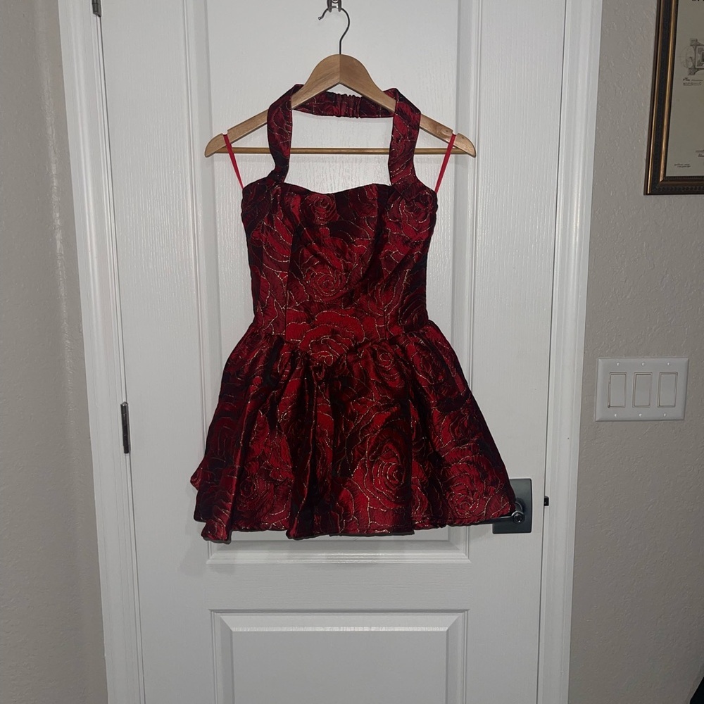 VIPER MINI DRESS lROSE PRINT $139 Elegant Red Halter Dress Textured Floral XS - Picture 2 of 12